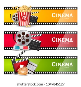 Cinema movie banner poster design template. Film clapper, 3D glasses, popcorn. Cinema banner layout.