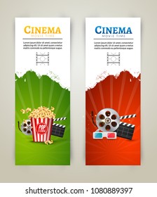 Cinema movie banner poster design template. Film clapper, 3D glasses, popcorn. Cinema banner layout.