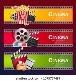 Cinema movie banner poster design template. Film clapper, 3D glasses, popcorn. Cinema banner layout.