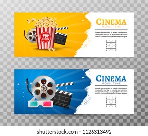 Cinema movie banner poster design template. Film clapper, 3D glasses, popcorn. Cinema banner layout.