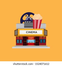 Cinema movie building in front view, flat illustration vector