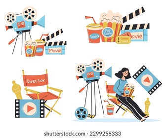 Cinema movie camera hollywood film production isolated set. Vector graphic design illustration