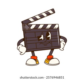 Cinema movie cartoon groovy clapperboard character. Movie studio tool funny 60s 70s groovy isolated vector mascot. Video production equipment cute personage or cinema art cheerful retro character