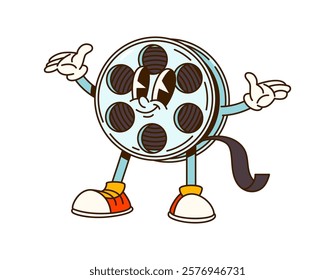 Cinema movie cartoon groovy film reel character. Cinema art vintage groovy vector personage. Cinematography festival cheerful mascot or video production industry retro film reel happy character