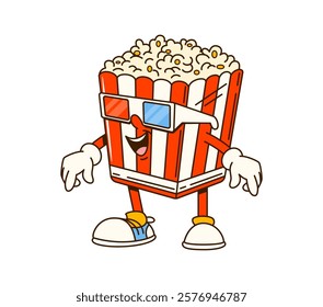 Cinema movie cartoon groovy popcorn character. Cinema takeaway meal funny vintage cartoon vector character. Movie entertainment popcorn snack bucket wearing 3d glasses happy groovy personage