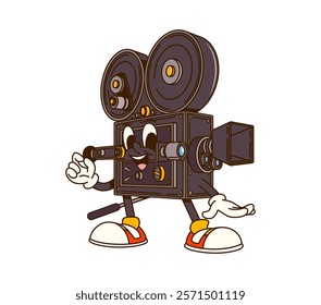 Cinema movie cartoon groovy retro camera character. Cinema production happy 60s 70s funky isolated vector personage. Movie studio vintage equipment cheerful mascot or filmmaking art funny character