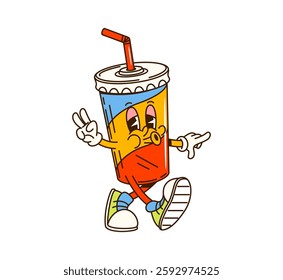 Cinema movie cartoon groovy soda drink character. Cinema takeaway drink 60s 70s groovy vector personage, movie or video watching entertainment soda disposable cup with straw and lid cute mascot