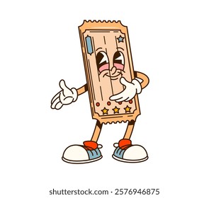 Cinema movie cartoon groovy ticket character. Cinema industry cheerful vintage groovy vector mascot. Filmmaking entertainment admit one ticket cute personage or cinema festival funny character