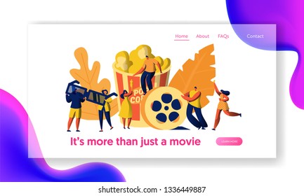 Cinema Movie Characters with Popcorn and Soda Drink Landing Page. Young People in 3d Glasses. Girl with Movie Ticket for Website or Web Page. Flat Cartoon Vector Illustration