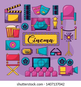 cinema movie collction billboard glasses speaker masks ticket chair screen vector illustration