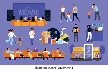 Cinema movie color set with isolated icons of watchers with screen loudspeakers and cashbox with facade vector illustration