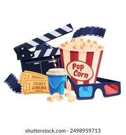 Cinema movie concept advertising poster with popcorn 3d glasses ticket and clapper vector isometric illustration. Cinematography multimedia entertainment filmstrip video industry banner