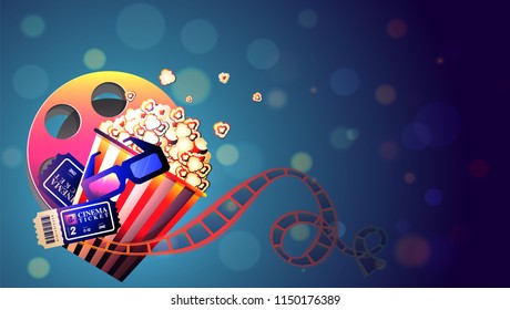 Cinema movie concept based poster or banner design with illustration of Popcorn, 3D Glasses, Tickets and Film Reel on shiny blue background.