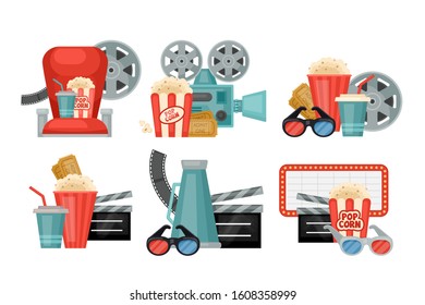 Cinema movie concept with pop corn, vintage film camera, megaphone, 3d glasses and armchair icons design. Vector illustration