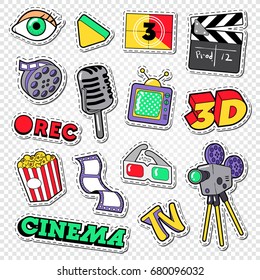 Cinema and Movie Doodle. Film Entertainment Stickers, Patches and Badges. Vector illustration