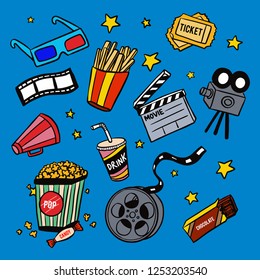 Cinema Movie Doodles, Set Of Vector Hand Drawing Icons Illustration