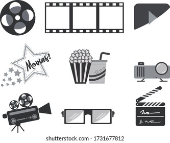 Cinema movie entertainment film black icons elements set isolated illustration