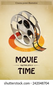 Cinema movie entertainment poster with realistic film reel vector illustration