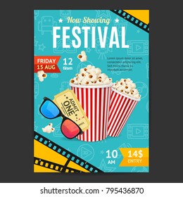 Cinema Movie Festival Placard Banner Card and Popcorn, Ticket, Glass for Ad, Invitation, Presentation. Vector illustration of Cinematography