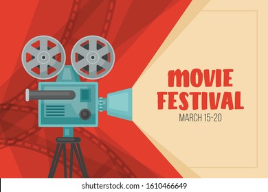 Cinema movie festival poster. Banner design with vintage film camera. Vector illustration