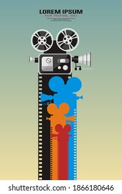 Cinema movie festival poster. Movie camcorder with color filmstrips. Retro cinema background with place for text. Film template design for poster, banner, flyer, leaflet, brochure. Movie time concept.