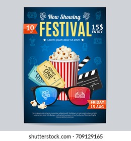 Cinema Movie Festival Poster Card Template Include of Popcorn, Ticket and Clapper. Vector illustration of Premiere Film Invitation