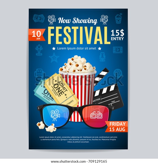 Cinema Movie Festivalポスターカードテンプレートには Popcorn Ticket Clapperが含まれます Premiere Film Invitationのベクターイラスト のベクター画像素材 ロイヤリティフリー