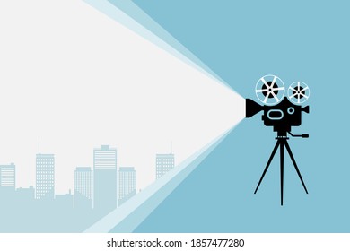 Cinema movie festival poster. Silhouette of vintage cinema camera on a tripod projecting futuristic cityscape. Cinema background. Film festival template for banner, brochure, flyer, poster or tickets.