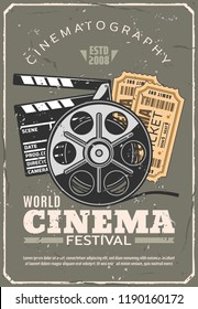 Cinema Or Movie Festival Retro Poster, Tickets For Seance And Film Reel Beside Clapperboard. Cinematography Industry And Motion Picture Production And Projecting Vintage Equipment, Vector Illustration