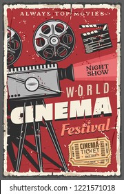 Cinema Or Movie Festival Retro Poster. Vintage Video Camera With Film Reels And Golden Tickets, Clapperboard Or Clapper, Night Show. Entertainment With Motion Picture On Big Screen, Old Camcorder