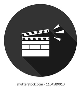Cinema movie film clapper vector icon sign. Gray background with shadow. Flat icon.