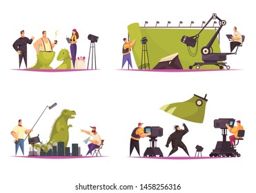 Cinema movie film production concept 4 comic flat compositions with shooting actor in dinosaur costume vector illustration 