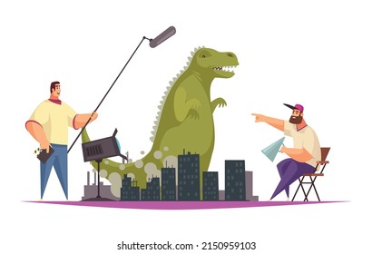 Cinema movie film production flat composition with comic characters of actors and film crew vector illustration