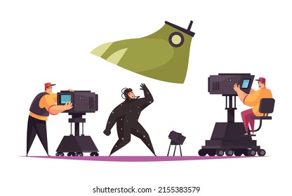 Producción cinematográfica de cine composición plana con personajes cómicos y ilustración vectorial de la tripulación de cine