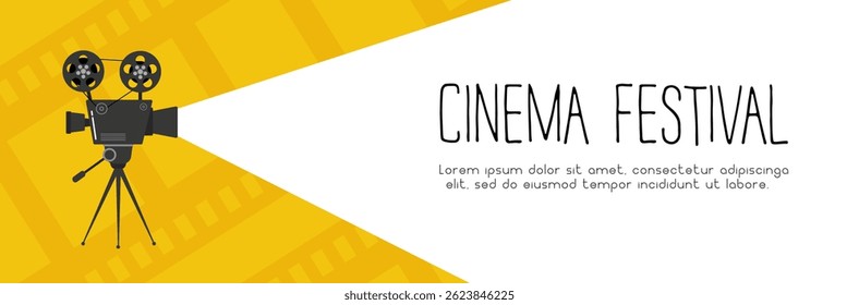 Cinema movie film projector reel old retro banner vector icon picture presentation video art entertainment operator theater equipment mechanical creative technology frame illustration printable