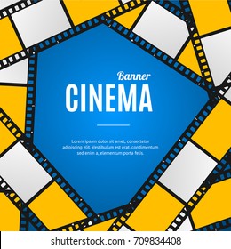 Cinema Movie Film Stripe or Reel Background on a Blue Cinematography Equipment Place for Your Text. Vector illustration Placard