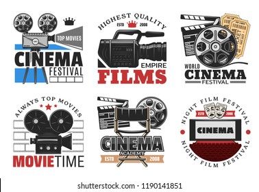 Cinema and movie, films icons and symbols. Vector retro camera and film reel, clapperboard and directors chair, hall with wide screen and armchairs. Tickets for festival or academy award