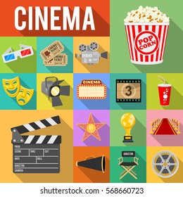 Cinema and Movie Flat Icons Set with Long Shadows like popcorn, award, clapperboard, tickets. Isolated vector illustration