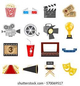 Cinema and Movie Flat Icons Set with popcorn, award, clapperboard, tickets. Isolated vector illustration.