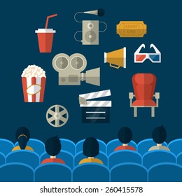 Cinema and movie flat modern icons. People seating in movie theater 