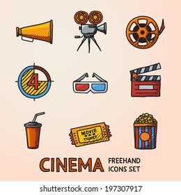 Cinema (movie) freehand icons set with - cinema projector, film strip, 3D glasses,  clapboard, popcorn in a striped tub, cinema ticket, glass of drink.