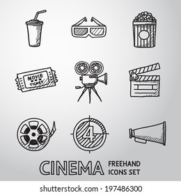 Cinema (movie) freehand icons set with - cinema projector, film strip, 3D glasses,  clapboard, popcorn in a striped tub, cinema ticket, glass of drink.