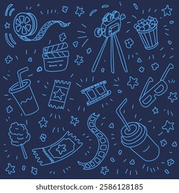 Cinema movie hand drawn icons. Doodle outline rest background. Drawings element of camera, film reel, pop corn, film clapperboard, ticket Vector illustration