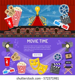 Cinema and Movie horizontal banners with flat icons seats, audience, theater masks, award, popcorn, vector illustration