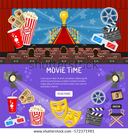 Cinema and Movie horizontal banners with flat icons seats, audience, theater masks, award, popcorn, vector illustration