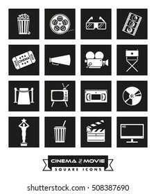 Cinema and Movie icon set. Collection of 16 cinema and movie related vector icons in colored squares with rounded corners