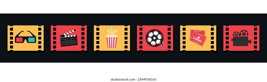 Ícone de filme de cinema definido em quadros de tira de filme. Óculos 3D, clapperboard, pipoca, câmera de vídeo, rolo de filme e ingressos de cinema. Ilustração vetorial