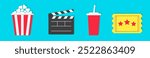 Cinema movie icon set line banner. Popcorn box package. Soda glass with straw. Open clapper board. Ticket Admit one. Three star. Simple flat design style. Blue background Isolated. Vector illustration