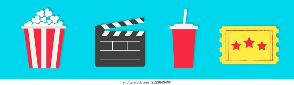 Ícone do filme em cinema definir faixa de linha. Pacote da caixa de pipoca. Vidro de refrigerante com palha. Abra a clapper board. Ticket Admit um. Três estrelas. Estilo simples de design plano. Fundo azul isolado. Ilustração vetorial