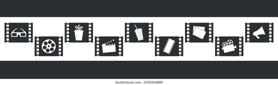 Silhuetas de ícones de filmes em cinema em quadros de tiras de filme. Óculos 3D, rolo de filme, pipoca, clapperboard, refrigerante, tira de filme, ingressos de cinema, câmera de filme e megafone